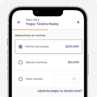 Selecciona monto a pagar y método de pago